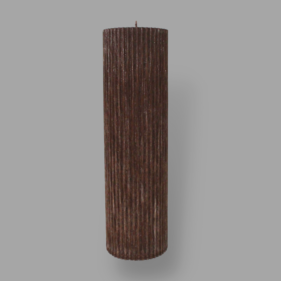 Tall thick fluted pillar candle Kaitlyn in Cacao (chocolate brown) colour. This standalone pillar candle has a flat top and base.