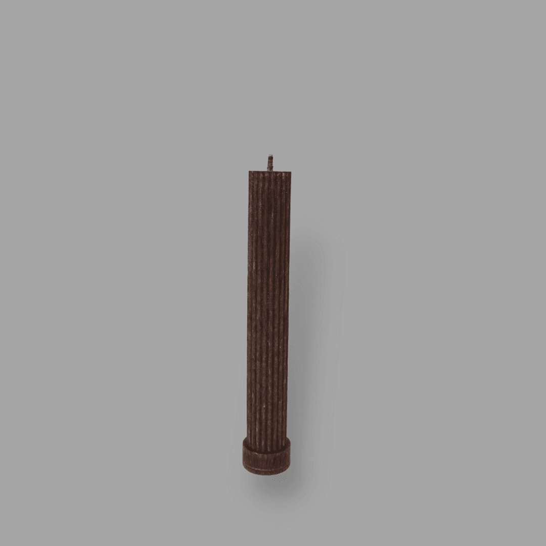 Allegra fluted pillar candle in 20cm height and flat base shown in Cacao (chocolate brown) colour.