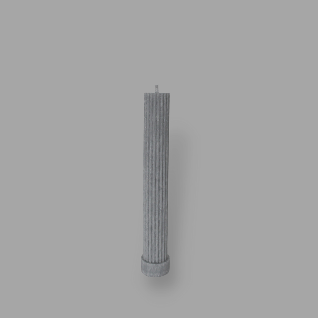 Allegra fluted pillar candle in 20cm height and flat base shown in Half Moon (light grey) colour.