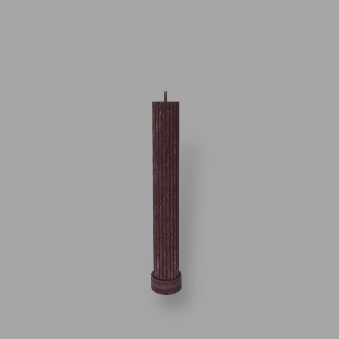 Allegra fluted pillar candle in 20cm height and flat base shown in Viola (deep wine) colour.