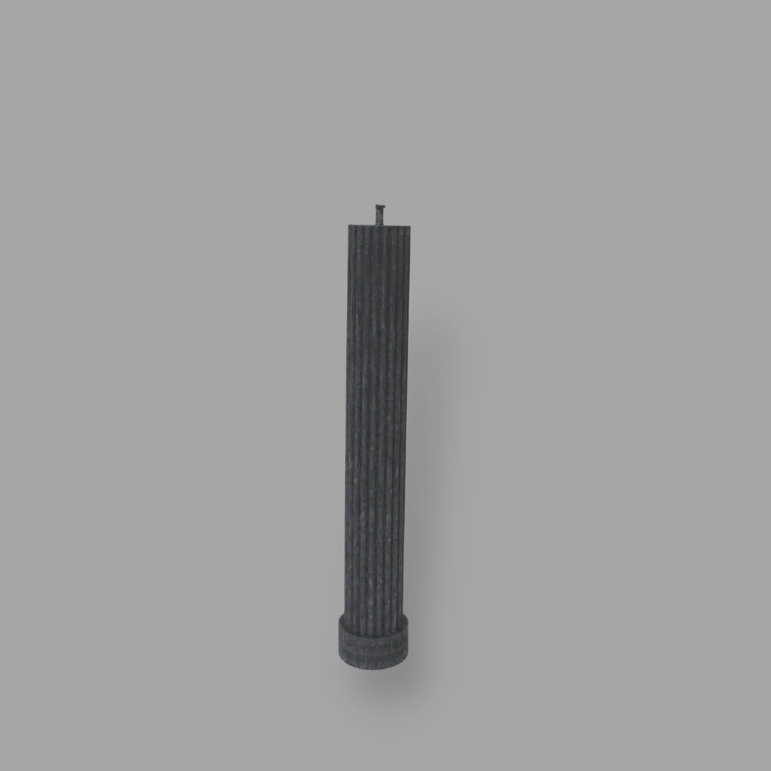 Allegra fluted pillar candle in 20cm height and flat base shown in New Moon (charcoal grey) colour.