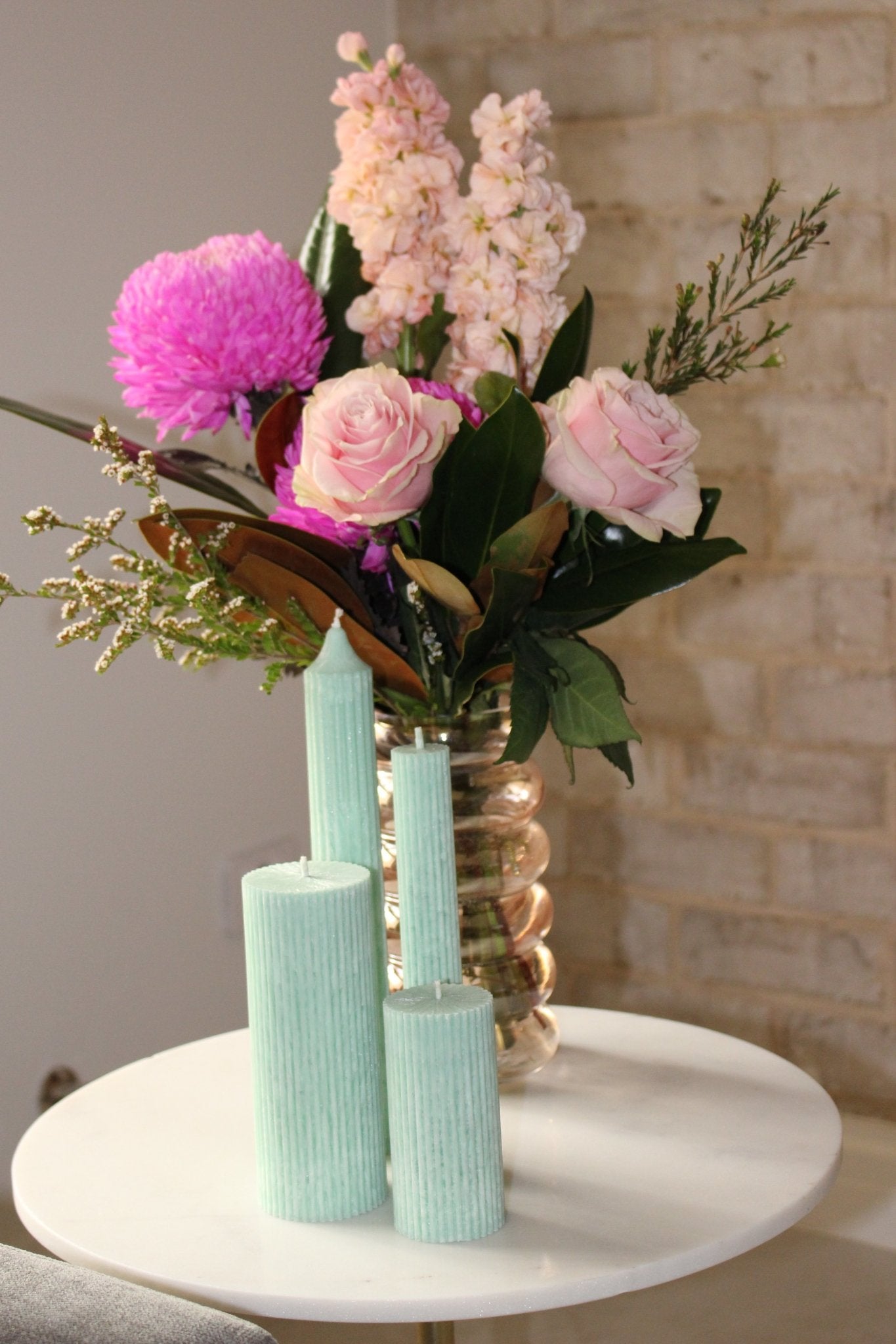 Arrangement of fluted candles including Allegra in 22cm all in colour Bud (pastel green).