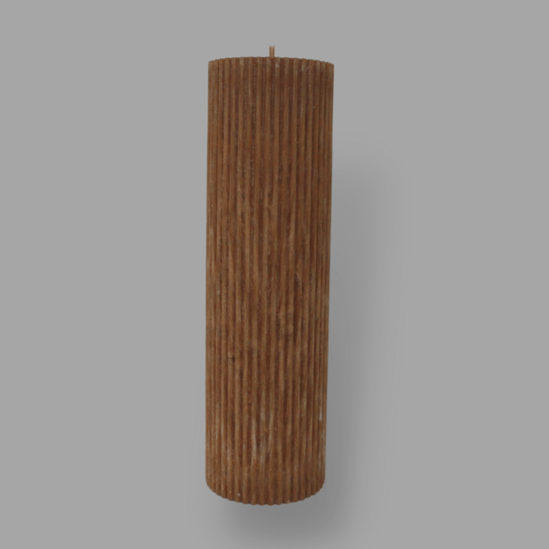 Tall thick fluted pillar candle Kaitlyn in Caramel colour. This standalone pillar candle has a flat top and base.