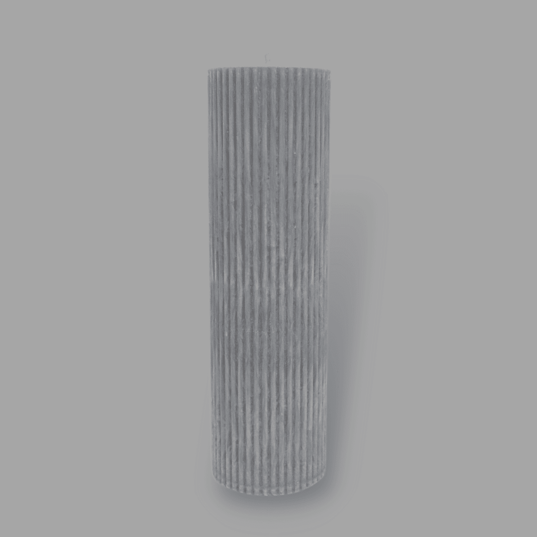 Tall thick fluted pillar candle Kaitlyn in Half Moon (light grey) colour. This standalone pillar candle has a flat top and base.