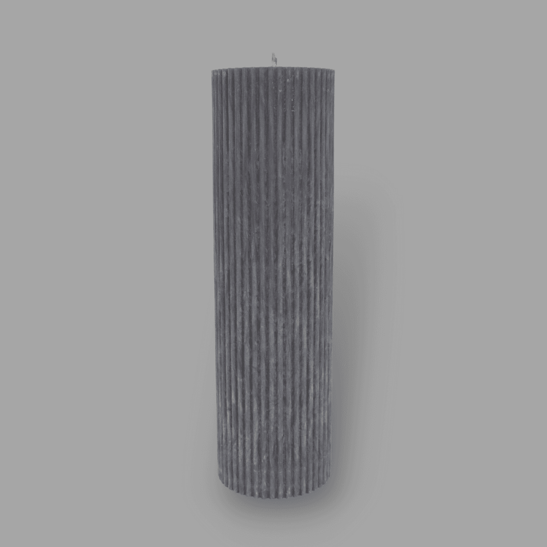 Tall thick fluted pillar candle Kaitlyn in Quarter Moon (medium grey) colour. This standalone pillar candle has a flat top and base.