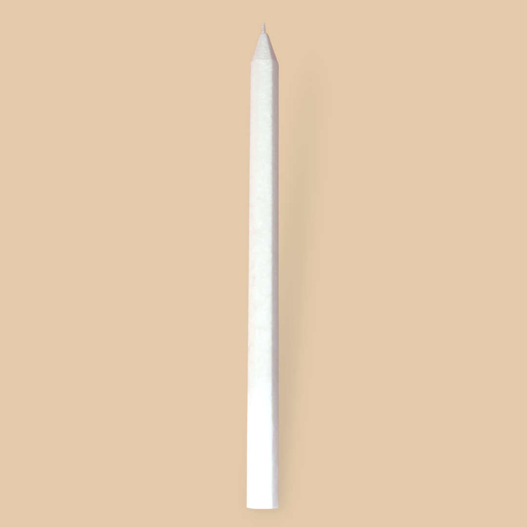 Tall pencil shaped Shiloh taper dinner candle in Ivory (white) colour.